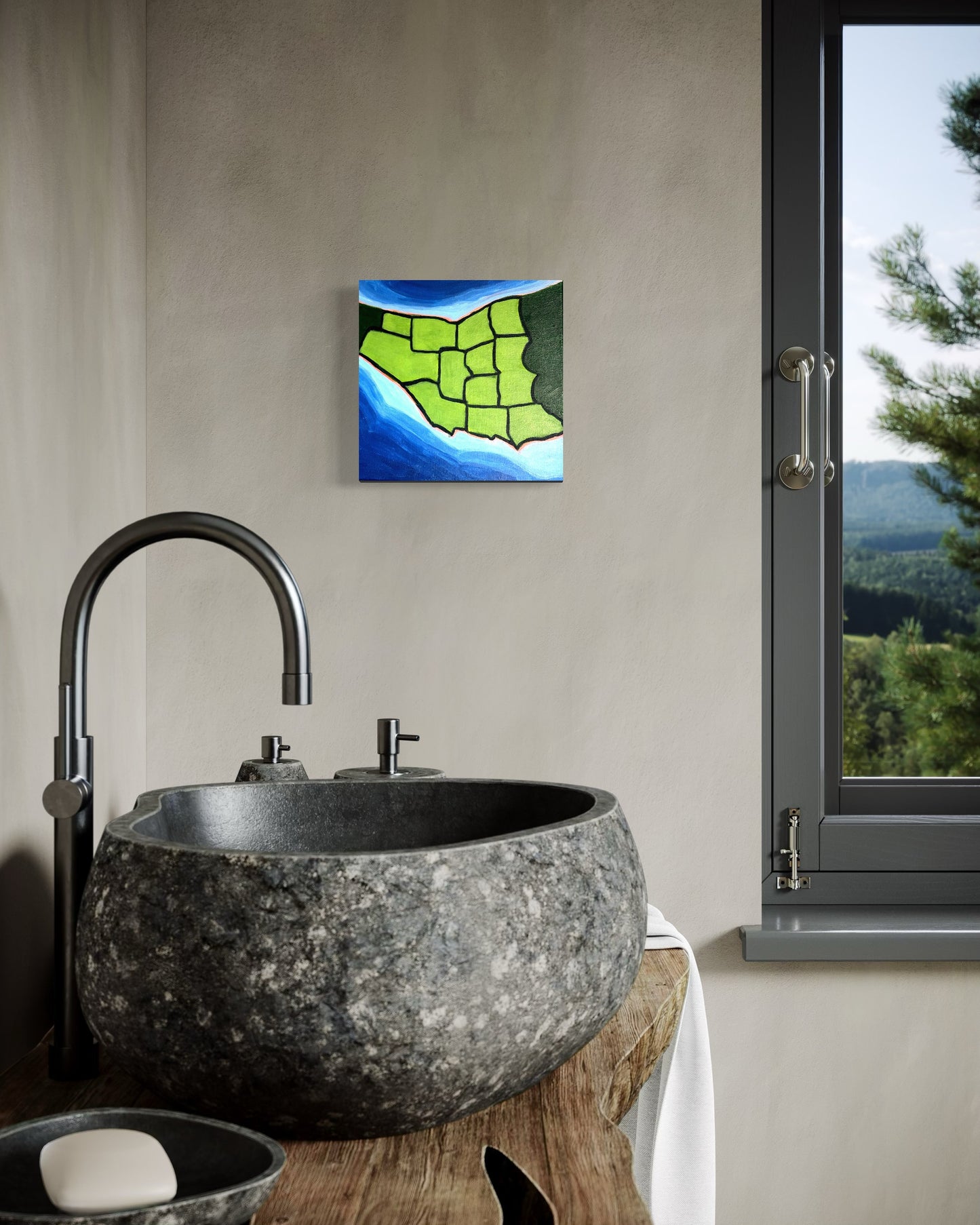 Hand painted Niagara region regional boundaries. Bright greens represent the land, deep blues the depths of Lake Ontario and Lake Erie.
