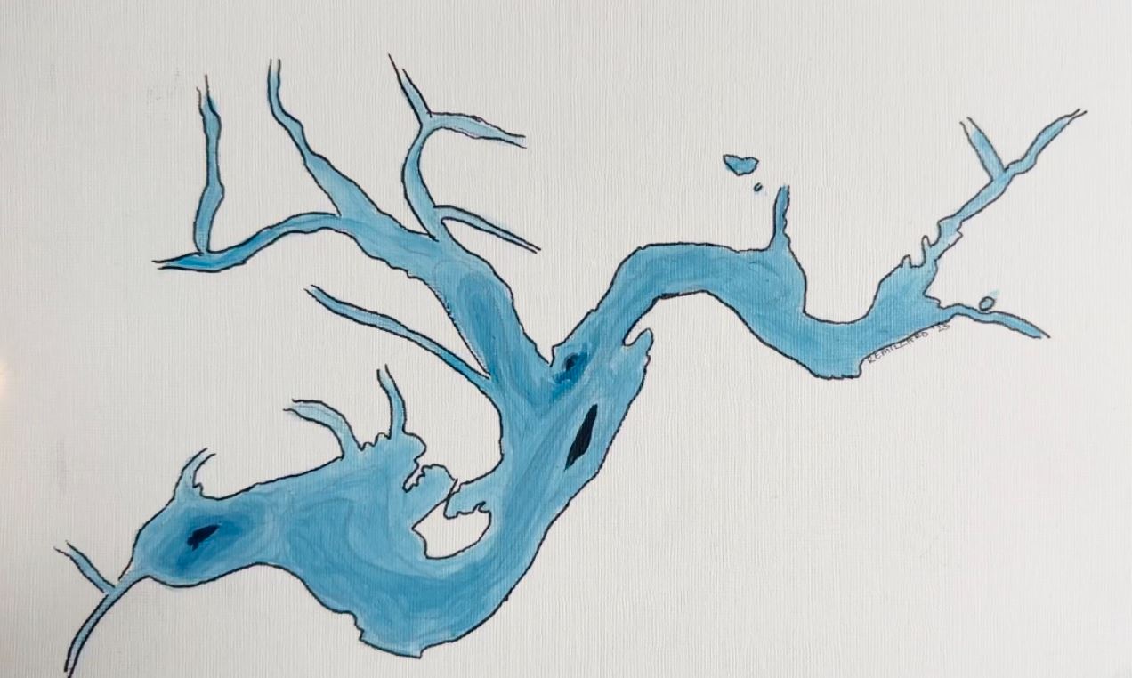Original hand painted outline of Guelph Lake with rivers and depths visible.