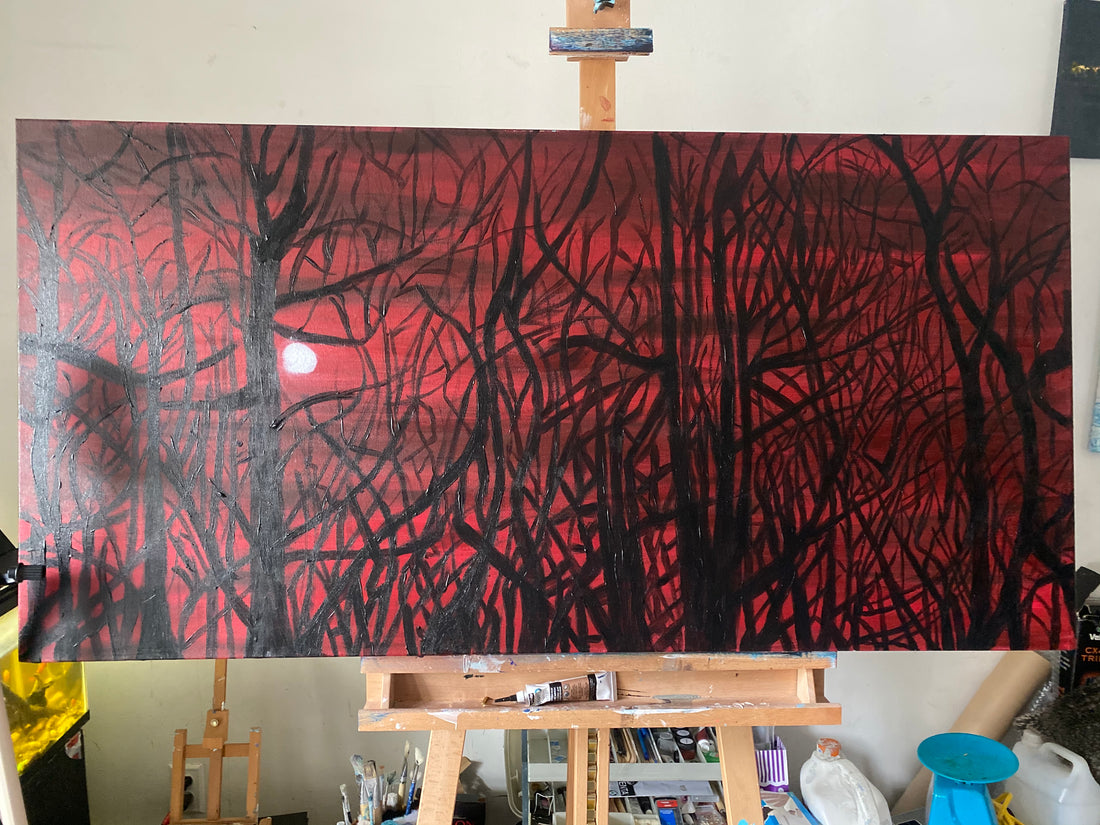 Large canvas with trees. Appears to be a night scene with deep reds in the background and trees in front 