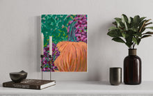 Load image into Gallery viewer, Print of Pumpkin and Mums. Colours are Orange, green, pink, and purple.
