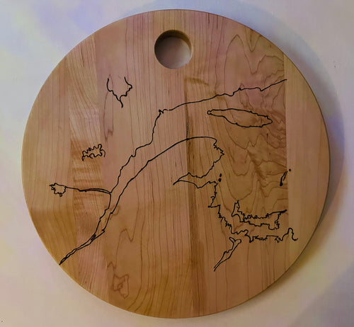 Hand burned shoreline of the St. Lawrence River on a Canadian Maple wood. Sanded and finished with Walrus Food Safe Oil.