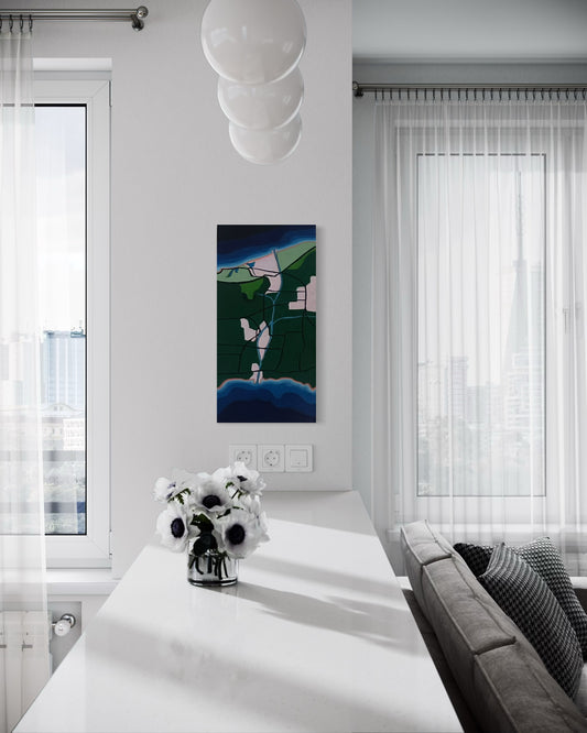 Hand painted map of the Welland Canal in the Niagara region. Lake Ontario and Lake Erie are various colours of blue, with the darkest blue representing depth. Urban areas are a soft pink with parks or elevated areas coloured green.