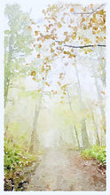 Load image into Gallery viewer, Image of a trail in the City of Hamilton with trails and a fall colour in the leaves. Though foggy, the leaves are green and visible at the front of the image.
