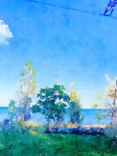 Load image into Gallery viewer, Watercolour print of Lake Ontario, view with trees in the foreground, and lake behind. Main colours are blue, with some yellow in trees.
